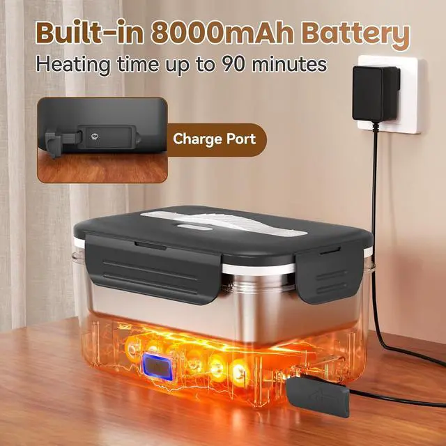 Alt view image 2 of 7 - Cordless Electric Lunch Box with 8000mAh Battery, 1.8L/7.6-Cup Heated Lunch Box for Adults, Portable Self-Heating Food Warmer for Office Outdoor Work