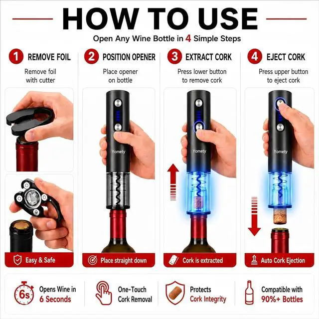 Alt view image 3 of 7 - Electric Opener Set With Base, Accessories Including Rechargeable Corkscrew, Aerator, Stoppers and Foil Cutter - Perfect Gifts for Wine Lovers