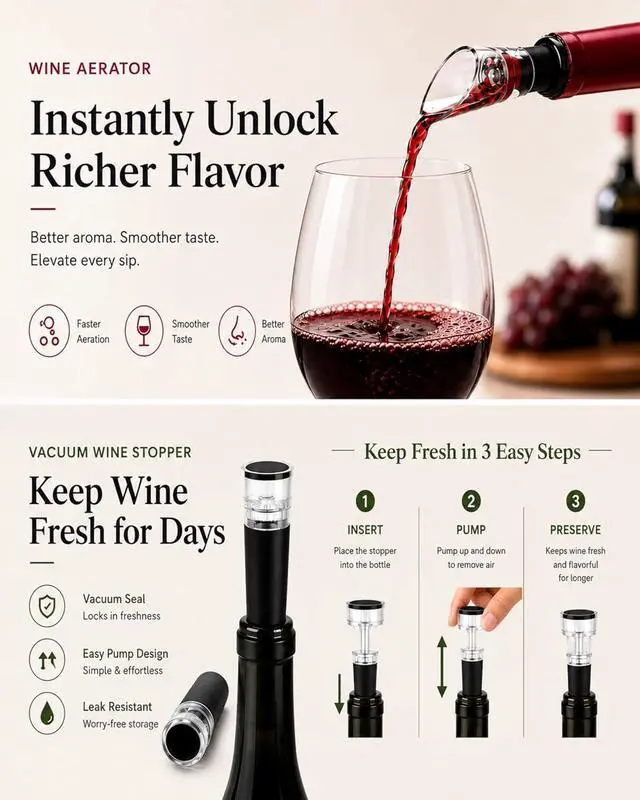 Alt view image 4 of 7 - Electric Opener Set With Base, Accessories Including Rechargeable Corkscrew, Aerator, Stoppers and Foil Cutter - Perfect Gifts for Wine Lovers