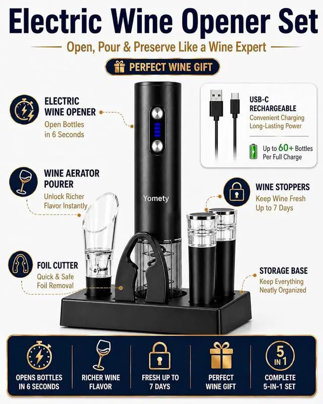 Alt view image 5 of 7 - Electric Opener Set With Base, Accessories Including Rechargeable Corkscrew, Aerator, Stoppers and Foil Cutter - Perfect Gifts for Wine Lovers
