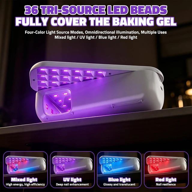 Alt view image 3 of 7 - Compact Cordless UV Nail Lamp 2-in-1 Gel Dryer & Nail Care Light with 4 Light Modes, Rotatable Panel & UV Protection Design, Portable LED Nail Light with Timer for Salon & Home