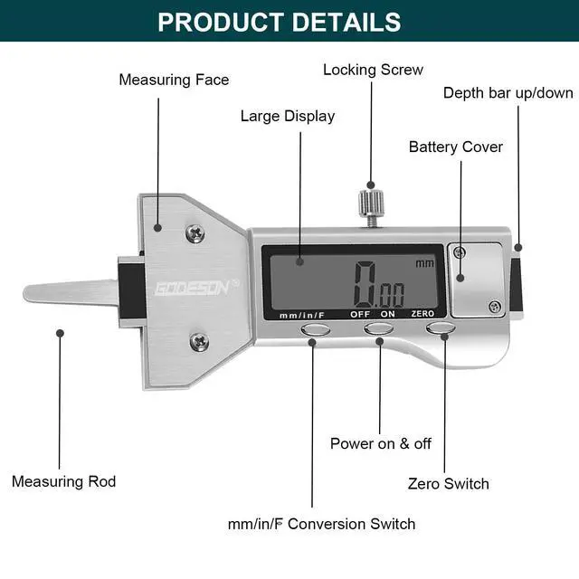 Alt view image 2 of 7 - Metal Digital Tire Tread Depth Gauge, LCD Display Tire Tread Depth Gauge with 3 Modes-Fractional Inch, Decimal Inch and Millimeter,Precision Professional Measuring for Motorcycle, Car, Trucks