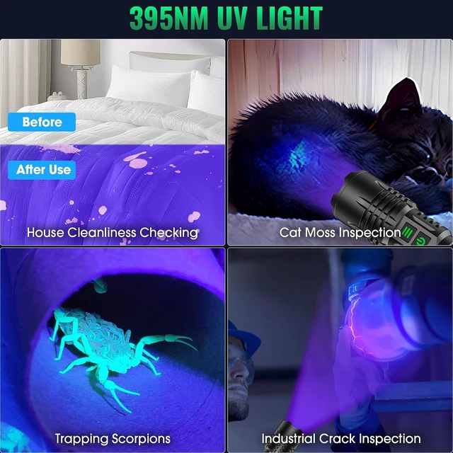 Alt view image 3 of 7 - 2-in-1 Rechargeable UV & High-Lumens Flashlight Powerful Blacklight LED Tactical 6 Modes, Super Bright Waterproof Zoomable Detector for Pet Urine, Resin Curing, Camping & Emergencies (2 Pack)
