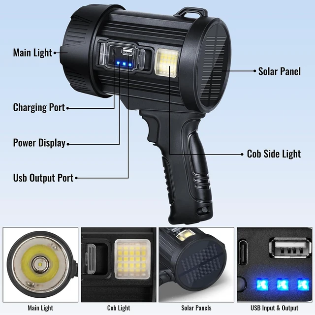 Alt view image 7 of 7 - 2,000,000 LM Rechargeable Spotlight Super Bright Handheld Spot Light LED Flashlight High Lumens, Powered Large Searchlight Outdoor with Solar Panels for Boating, Camping & Hunting