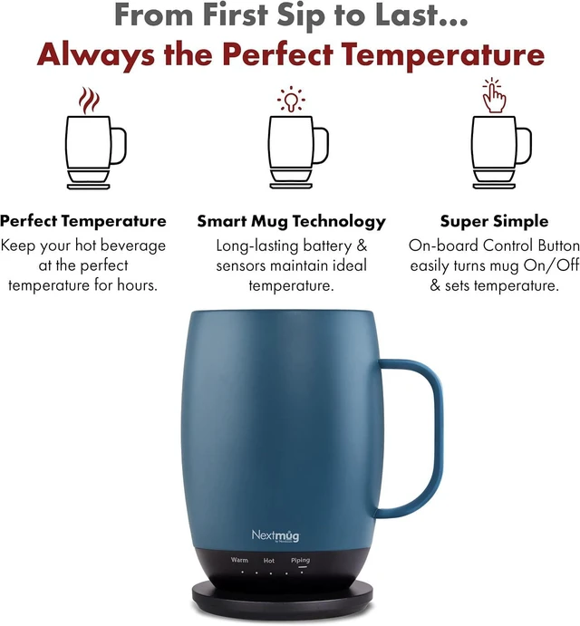 Alt view image 2 of 7 - Nextmug Plus Temperature-Controlled Self-Heating Mug (Slate Blue - 18 oz.) No App, Long-Lasting Battery for Work & Study, Great Gift for Coffee Lovers