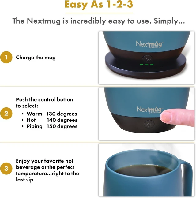 Alt view image 4 of 7 - Nextmug Plus Temperature-Controlled Self-Heating Mug (Slate Blue - 18 oz.) No App, Long-Lasting Battery for Work & Study, Great Gift for Coffee Lovers