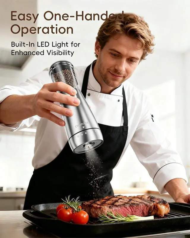 Alt view image 4 of 7 - Electric Salt and Pepper Grinder Set - Automatic Stainless Steel Rechargeable Salt and Pepper Grinder Set with Storage Base, Large Capacity, LED Light & Adjustable Coarseness, Ideal Kitchen Gadget
