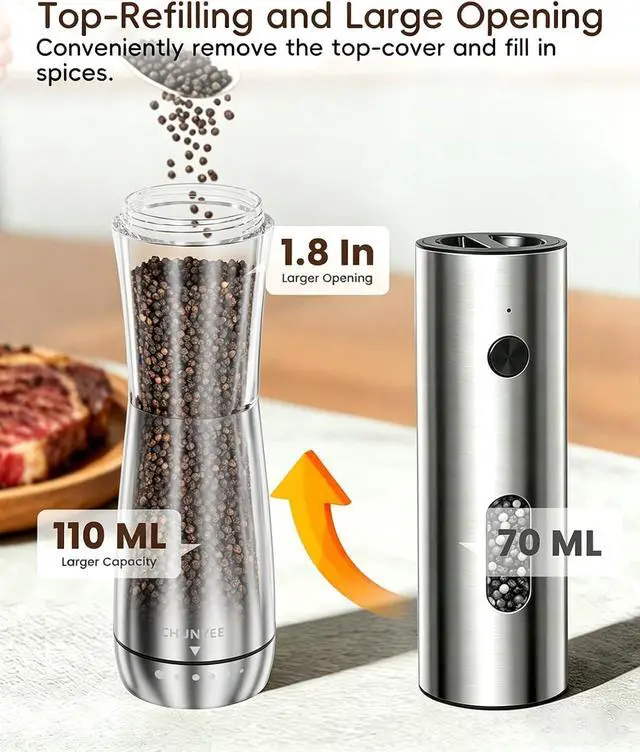 Alt view image 3 of 7 - Electric Salt and Pepper Grinder Set - Automatic Stainless Steel Rechargeable Salt and Pepper Grinder Set with Storage Base, Large Capacity, LED Light & Adjustable Coarseness, Ideal Kitchen Gadget
