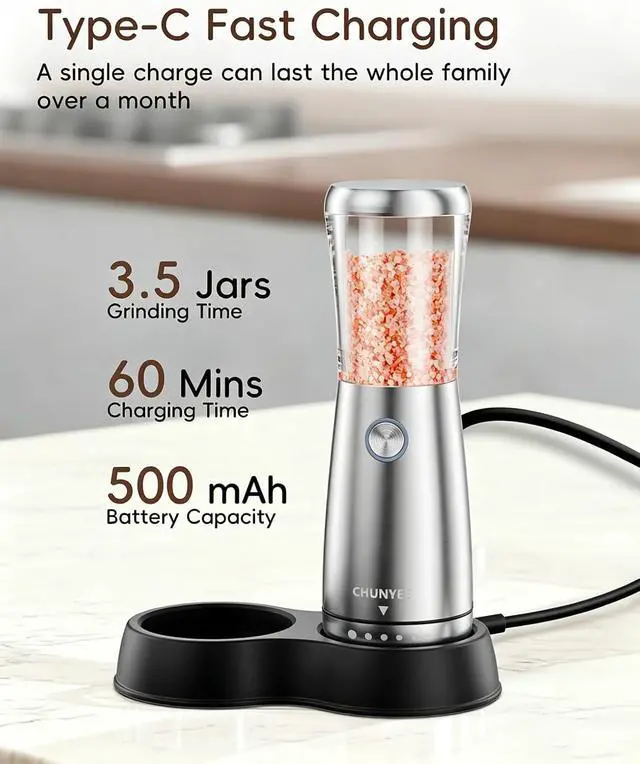 Alt view image 5 of 7 - Electric Salt and Pepper Grinder Set - Automatic Stainless Steel Rechargeable Salt and Pepper Grinder Set with Storage Base, Large Capacity, LED Light & Adjustable Coarseness, Ideal Kitchen Gadget