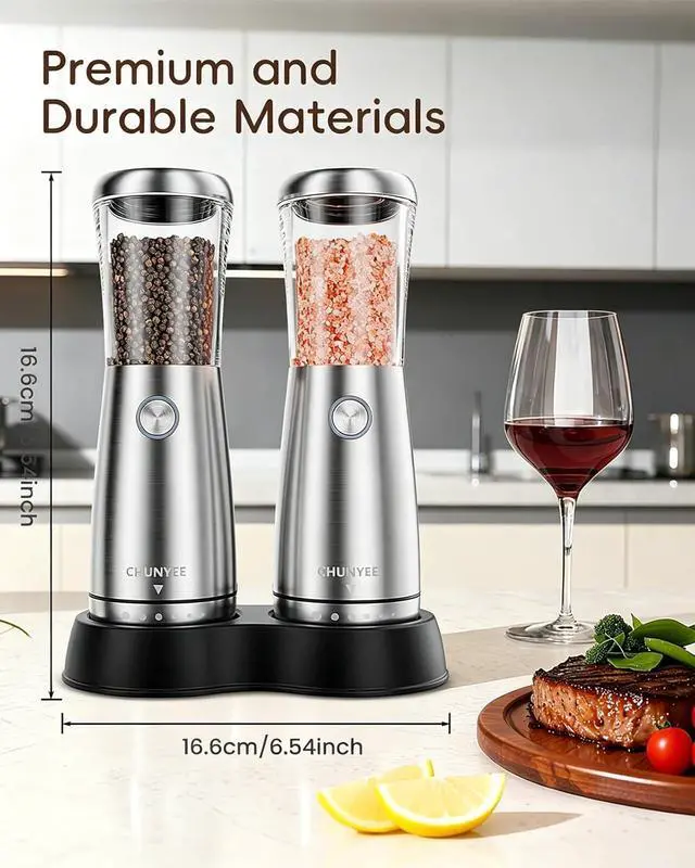 Alt view image 7 of 7 - Electric Salt and Pepper Grinder Set - Automatic Stainless Steel Rechargeable Salt and Pepper Grinder Set with Storage Base, Large Capacity, LED Light & Adjustable Coarseness, Ideal Kitchen Gadget