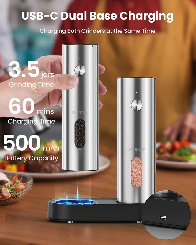 Alt view image 2 of 7 - Electric Salt and Pepper Grinder Set with Rechargeable Base Upgraded Large Capacity Refillable Pepper Mill Set, LED Light & Adjustable Coarseness, Ideal for Kitchen, Outdoor, BBQ & Gift Giving