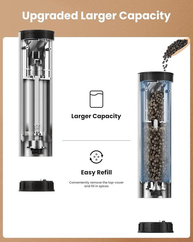 Alt view image 3 of 7 - Electric Salt and Pepper Grinder Set with Rechargeable Base Upgraded Large Capacity Refillable Pepper Mill Set, LED Light & Adjustable Coarseness, Ideal for Kitchen, Outdoor, BBQ & Gift Giving