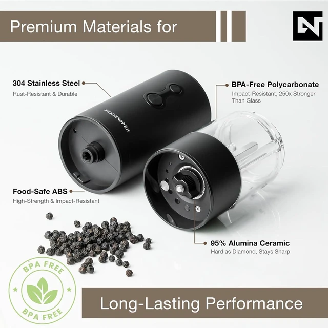 Alt view image 3 of 7 - USB-C Rechargeable Electric Salt and Pepper Grinder Set Dual-Speed Automatic Mills with 9 Adjustable Coarseness, Ceramic Burr, LED Light, Refillable (Carbon Black)
