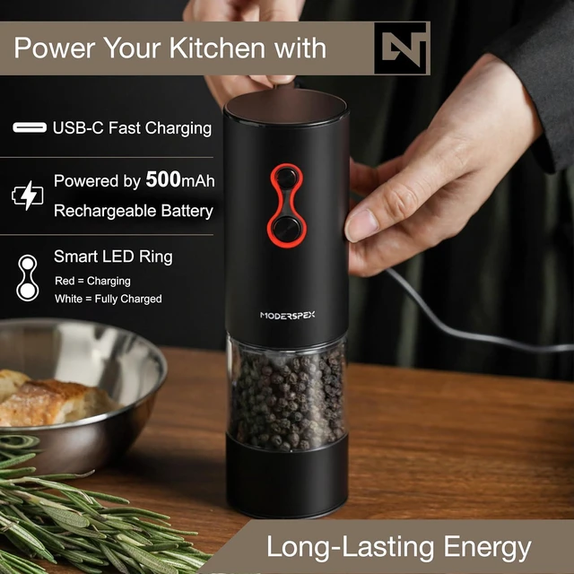 Alt view image 5 of 7 - USB-C Rechargeable Electric Salt and Pepper Grinder Set Dual-Speed Automatic Mills with 9 Adjustable Coarseness, Ceramic Burr, LED Light, Refillable (Carbon Black)
