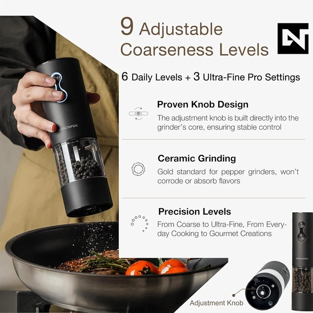 Alt view image 4 of 7 - USB-C Rechargeable Electric Salt and Pepper Grinder Set Dual-Speed Automatic Mills with 9 Adjustable Coarseness, Ceramic Burr, LED Light, Refillable (Carbon Black)