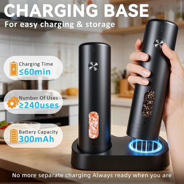 Alt view image 2 of 7 - Electric Salt and Pepper Grinder Set with Dual Charging Base Rechargeable Automatic Pepper Mill, 110ml Large Capacity, Adjustable Coarseness, One-Handed Operation for Kitchen, BBQ & Gift