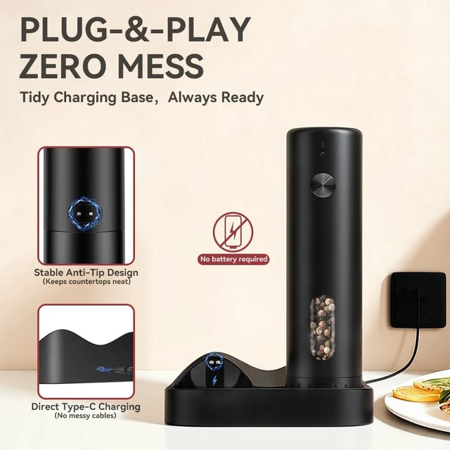 Alt view image 5 of 7 - Electric Salt and Pepper Grinder Set with Dual Charging Base Rechargeable Automatic Pepper Mill, 110ml Large Capacity, Adjustable Coarseness, One-Handed Operation for Kitchen, BBQ & Gift
