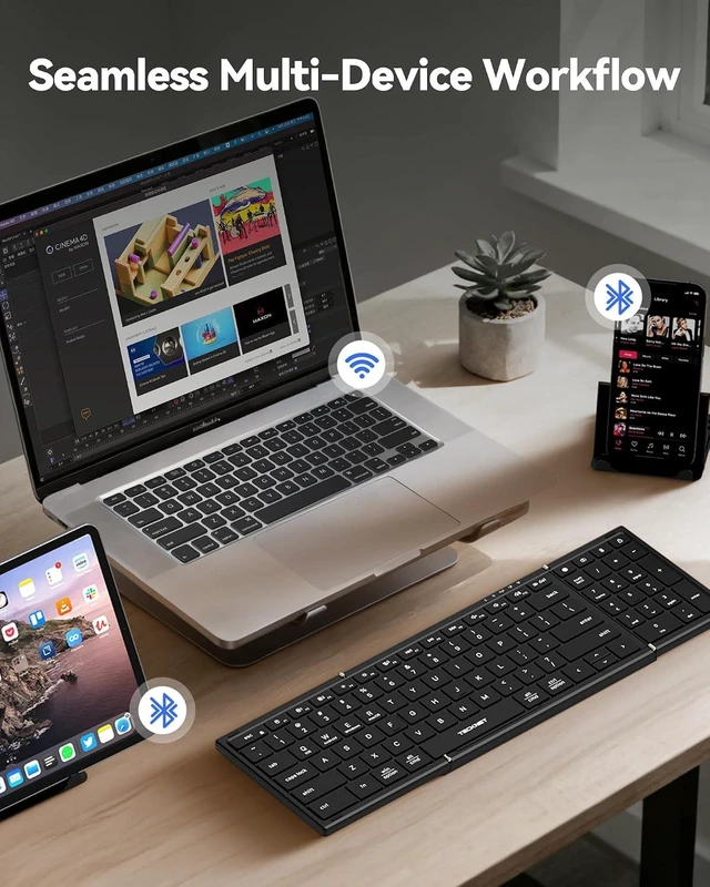 Alt view image 4 of 7 - Foldable Wireless Bluetooth Keyboard Rechargeable Full-Size Travel Keyboard with Number Pad, Connect 3 Devices, for iPad/Tablet/Smartphone/Laptop/PC/iOS/Android