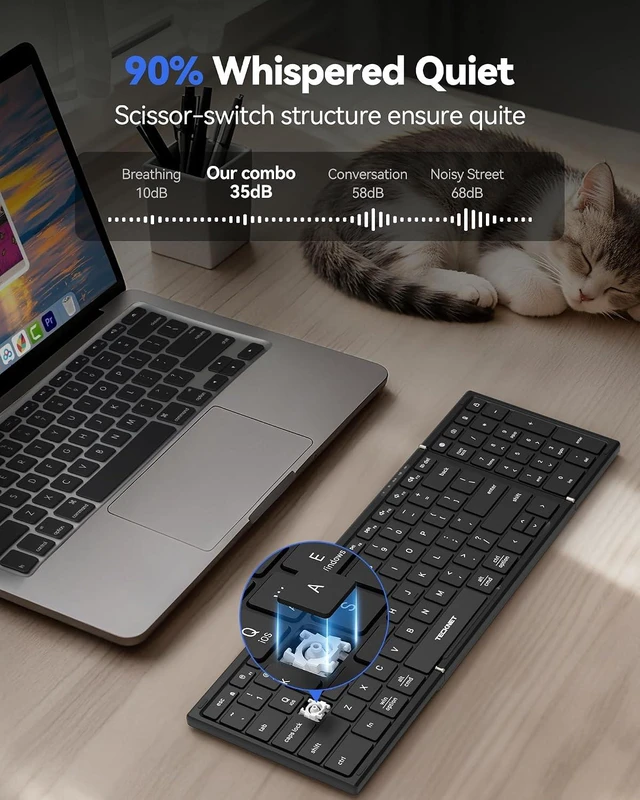 Alt view image 6 of 7 - Foldable Wireless Bluetooth Keyboard Rechargeable Full-Size Travel Keyboard with Number Pad, Connect 3 Devices, for iPad/Tablet/Smartphone/Laptop/PC/iOS/Android