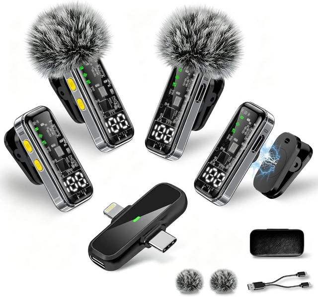 Main image of 4-Pack Wireless Mini Lavalier Microphones for iPhone, Android & iPad Noise Reduction & LED Digital Display, Magnetic Mini Mic for Video Recording, Vlogging, YouTube, Podcast & Interview