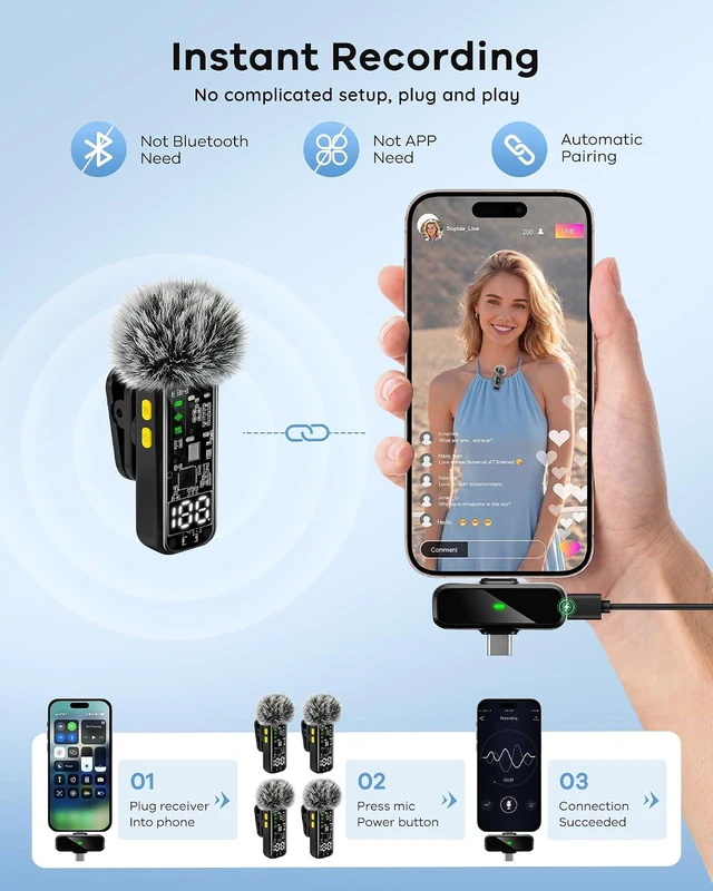 Alt view image 7 of 7 - 4-Pack Wireless Mini Lavalier Microphones for iPhone, Android & iPad Noise Reduction & LED Digital Display, Magnetic Mini Mic for Video Recording, Vlogging, YouTube, Podcast & Interview
