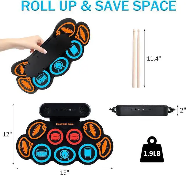 Alt view image 3 of 7 - G7 Electronic Drum Set, 9 Pads Roll-up Drum Practice Pad with Drum Pedals & Sticks, Built-in Dual Speaker with Headphone Jack, Bluetooth & AUX, Great Christmas & Birthday Gift (Colours)