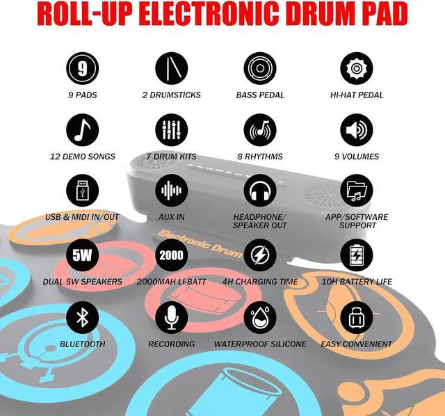 Alt view image 2 of 7 - G7 Electronic Drum Set, 9 Pads Roll-up Drum Practice Pad with Drum Pedals & Sticks, Built-in Dual Speaker with Headphone Jack, Bluetooth & AUX, Great Christmas & Birthday Gift (Colours)