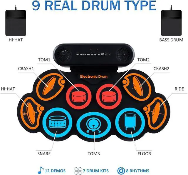 Alt view image 5 of 7 - G7 Electronic Drum Set, 9 Pads Roll-up Drum Practice Pad with Drum Pedals & Sticks, Built-in Dual Speaker with Headphone Jack, Bluetooth & AUX, Great Christmas & Birthday Gift (Colours)