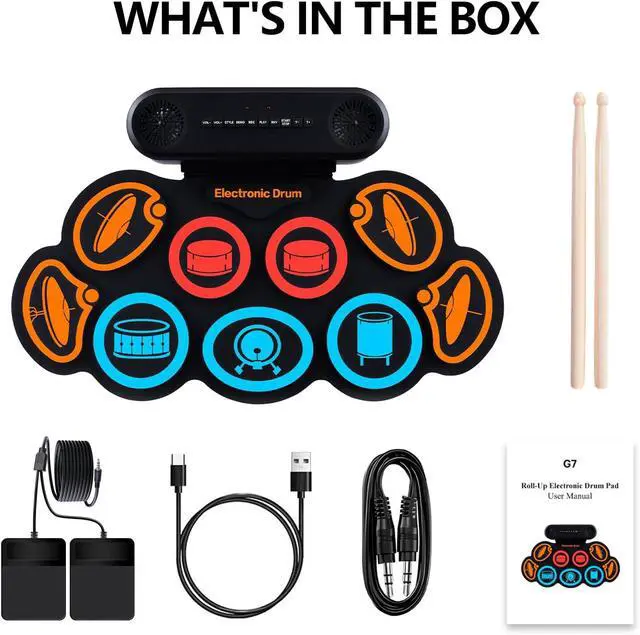 Alt view image 6 of 7 - G7 Electronic Drum Set, 9 Pads Roll-up Drum Practice Pad with Drum Pedals & Sticks, Built-in Dual Speaker with Headphone Jack, Bluetooth & AUX, Great Christmas & Birthday Gift (Colours)