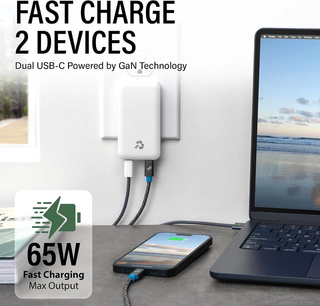 Alt view image 2 of 7 - 65W Ultra Flat Wall Charger with Dual USB-C Slim Fast Travel Power Adapter for MacBook, iPhone 17/16/15/14/13 Pro Max, Samsung Galaxy, Pixel, Laptops, Kindle, iPad, AirPods & Tablets