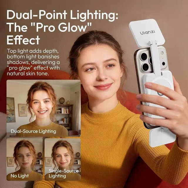 Alt view image 3 of 7 - GL01 Magnetic Selfie Light for Phone Top & Bottom Dual LED Fill Lights with Extendable Rod Dimmable 2500K-6500K Portable Video Vlog Light for iPhone 17 Pro Size & Below Not for Pro Max White