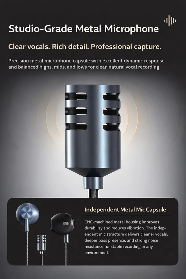 Alt view image 6 of 7 - Type-C In-Ear Karaoke Earbuds with Echo & Built-in Mic Real-Time Monitoring, 3 Reverb Modes, Wired Headphones for TikTok, Smule, StarMaker & Karaoke Apps