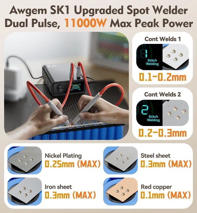 Alt view image 2 of 7 - 11000W Battery Spot Welder with Rotary Knob & 100 Gears 0.1-0.3mm Dual-Pulse, Auto Modes, for Lithium Battery Repair & Welding