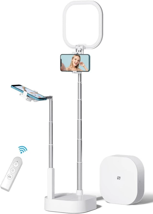 Main image of Overhead Phone Stand for Recording with 360° Rotation & Two Phone Holders Content Creator Kit with Rechargeable Foldable 15-Brightness LED Light for Live Streaming, YouTube & Video Recording