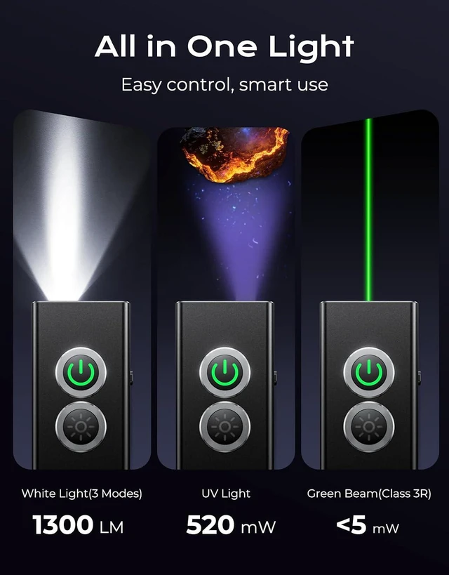 Alt view image 2 of 7 - 1300LM EDC Pocket Flashlight 5-in-1 (Spotlight/UV/Green Beam/Floodlight/Red LED) Rechargeable Magnetic/Clip Flat Light for Outdoor/Emergency/Work