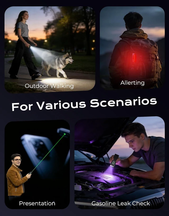 Alt view image 5 of 7 - 1300LM EDC Pocket Flashlight 5-in-1 (Spotlight/UV/Green Beam/Floodlight/Red LED) Rechargeable Magnetic/Clip Flat Light for Outdoor/Emergency/Work