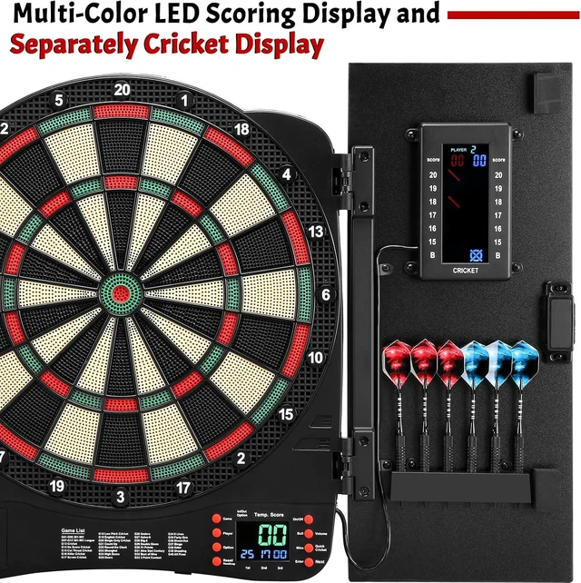 Alt view image 3 of 6 - Electronic Dartboard Cabinet with LED Scoreboard Digital Soft Tip Set with 40 Games & 420 Variants, 6 Darts, 100 Tips
