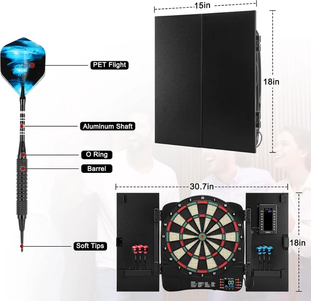 Alt view image 5 of 6 - Electronic Dartboard Cabinet with LED Scoreboard Digital Soft Tip Set with 40 Games & 420 Variants, 6 Darts, 100 Tips