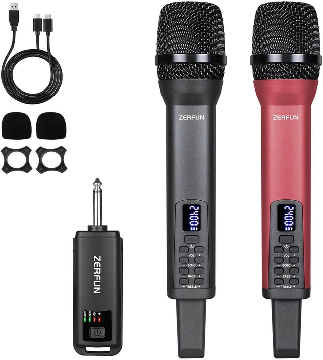 Main image of Dual Rechargeable Pro Handheld Wireless Mics Cordless System with Echo, Treble, Bass & VOL Control for Karaoke, Singing, Church & Party, 1/4'' Output, Grey&Red