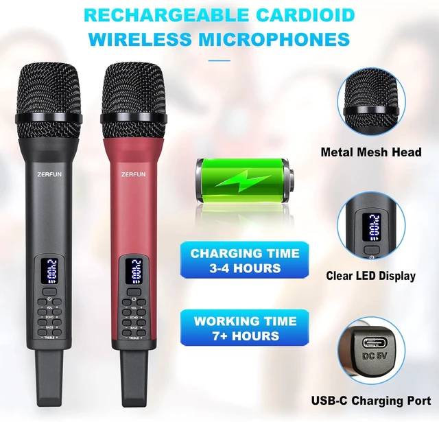 Alt view image 3 of 7 - Dual Rechargeable Pro Handheld Wireless Mics Cordless System with Echo, Treble, Bass & VOL Control for Karaoke, Singing, Church & Party, 1/4'' Output, Grey&Red