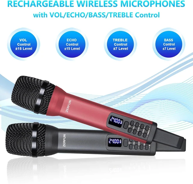 Alt view image 4 of 7 - Dual Rechargeable Pro Handheld Wireless Mics Cordless System with Echo, Treble, Bass & VOL Control for Karaoke, Singing, Church & Party, 1/4'' Output, Grey&Red