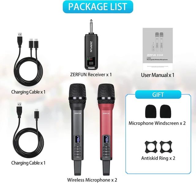 Alt view image 7 of 7 - Dual Rechargeable Pro Handheld Wireless Mics Cordless System with Echo, Treble, Bass & VOL Control for Karaoke, Singing, Church & Party, 1/4'' Output, Grey&Red