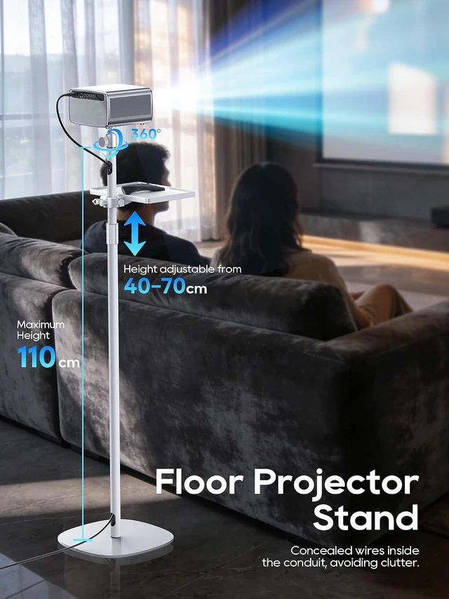 Alt view image 2 of 7 - Projector Stand with Hidden Cable Management Height Adjustable Floor Mount, 360° Rotation & 1/4" Screw for Projector, Camera & Webcam, Home/Office/Outdoor (White)
