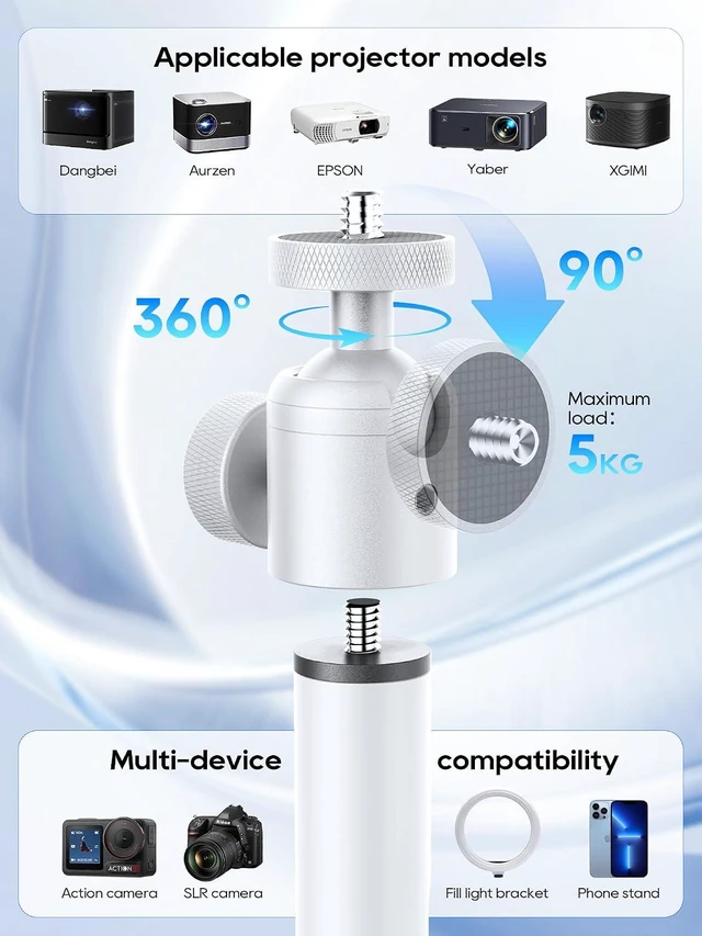 Alt view image 4 of 7 - Projector Stand with Hidden Cable Management Height Adjustable Floor Mount, 360° Rotation & 1/4" Screw for Projector, Camera & Webcam, Home/Office/Outdoor (White)