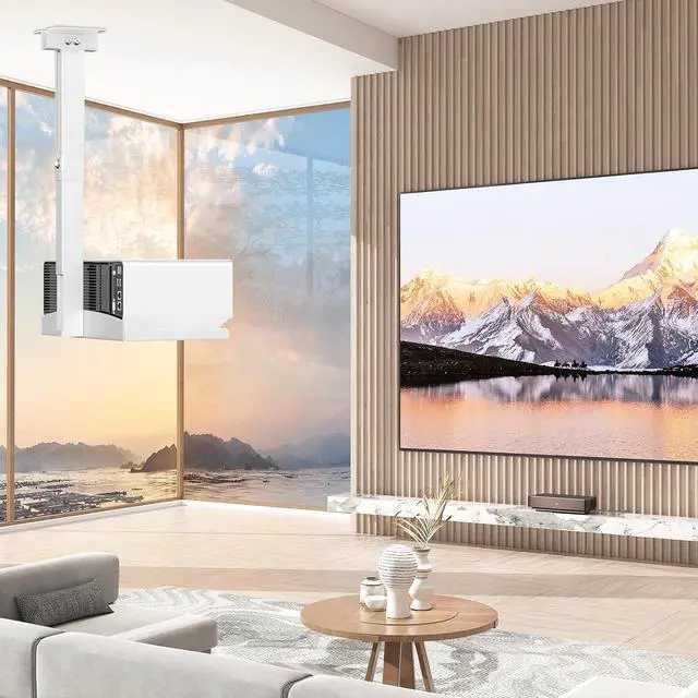 Alt view image 2 of 6 - Projector Ceiling Mount with Tray, Adjustable Universal Bracket, White | Adjustable Height, No-Hole Installation, Concealed Cable Management, Holds up to 22 lbs. Ideal for Home Theater & Office