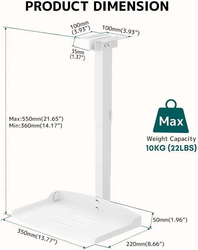 Alt view image 3 of 6 - Projector Ceiling Mount with Tray, Adjustable Universal Bracket, White | Adjustable Height, No-Hole Installation, Concealed Cable Management, Holds up to 22 lbs. Ideal for Home Theater & Office