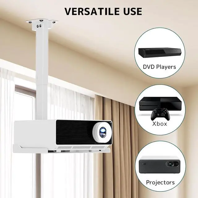 Alt view image 5 of 6 - Projector Ceiling Mount with Tray, Adjustable Universal Bracket, White | Adjustable Height, No-Hole Installation, Concealed Cable Management, Holds up to 22 lbs. Ideal for Home Theater & Office