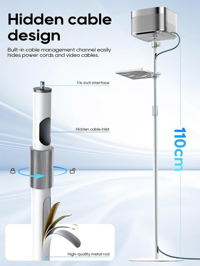 Alt view image 5 of 7 - Projector Stand with Hidden Cable Management Height Adjustable Floor Mount, 360° Rotation & 1/4" Screw for Projector, Camera & Webcam, Home/Office/Outdoor (White)