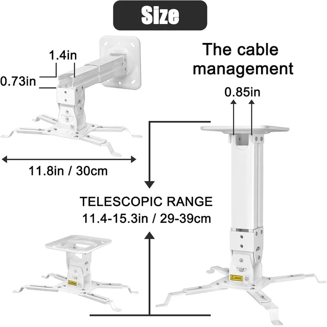 Alt view image 2 of 7 - Heavy Duty Projector Ceiling Mount Max Load 45lbs/21kg, Extendable 11.4-15.3in/29-39cm, Universal Angle Adjustable, White