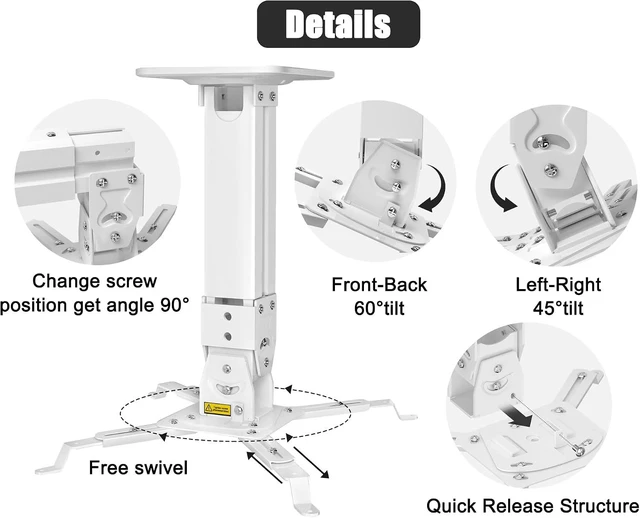 Alt view image 4 of 7 - Heavy Duty Projector Ceiling Mount Max Load 45lbs/21kg, Extendable 11.4-15.3in/29-39cm, Universal Angle Adjustable, White